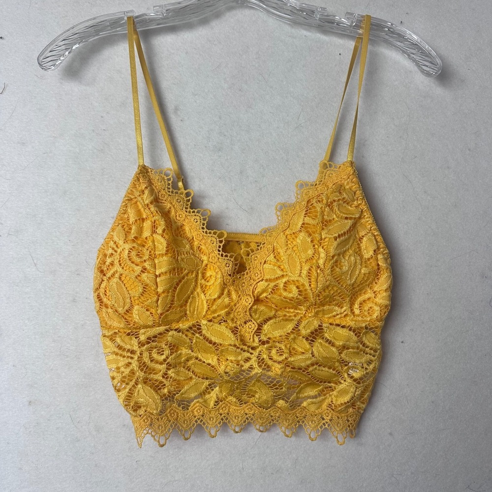 Yellow Floral Lace Bralette Cage Back Adjustable Straps Boho Crop‎ Top Large